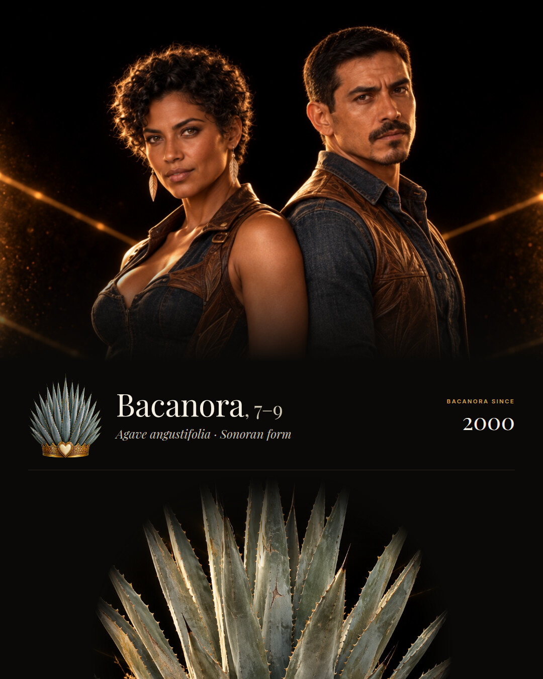 Bacanora: a woman and a man back to back looking at the camera, the app crown beside the name, and the plant below.