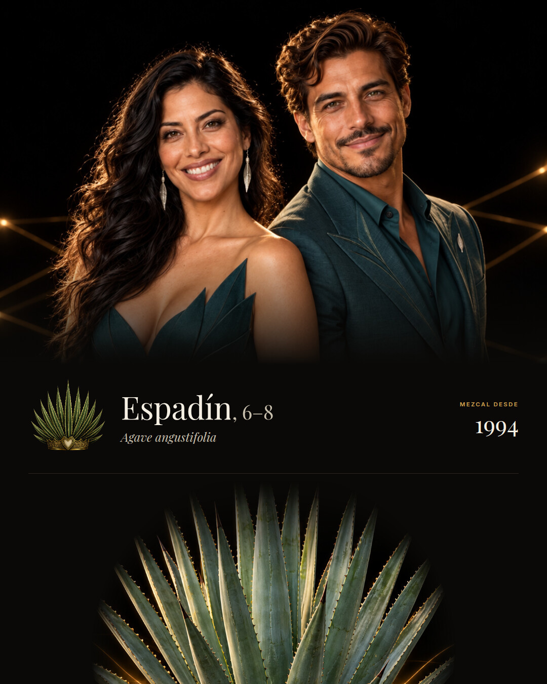 Espad&iacute;n: una mujer y un hombre espalda con espalda mirando a la c&aacute;mara, la corona de la app junto al nombre y la planta abajo.