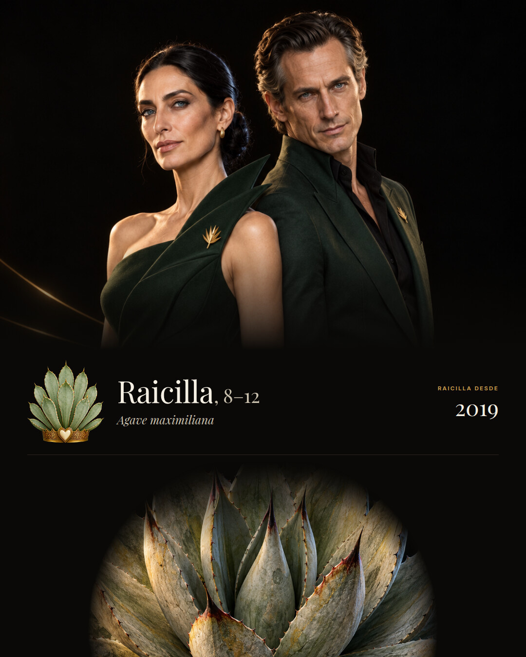 Raicilla: una mujer y un hombre espalda con espalda mirando a la c&aacute;mara, la corona de la app junto al nombre y la planta abajo.